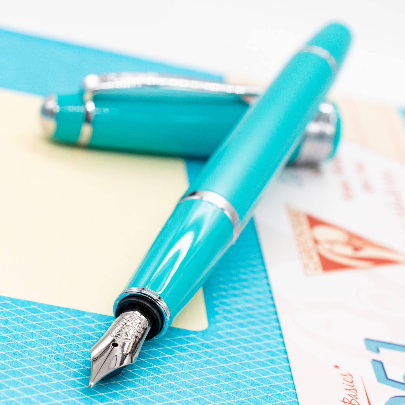 Cross Bailey Lights Fountain Pen - Teal & Chrome uncapped