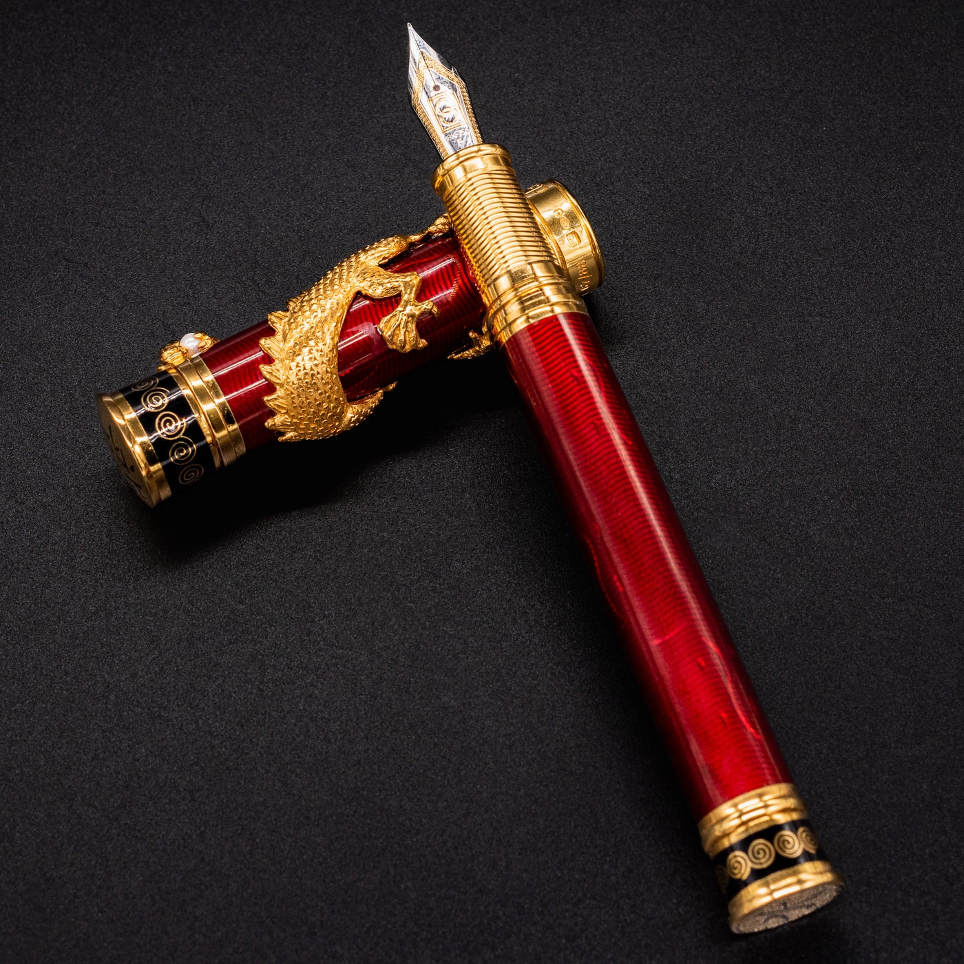 David Oscarson Black Water Dragon Fountain Pen - Ruby Red enamel