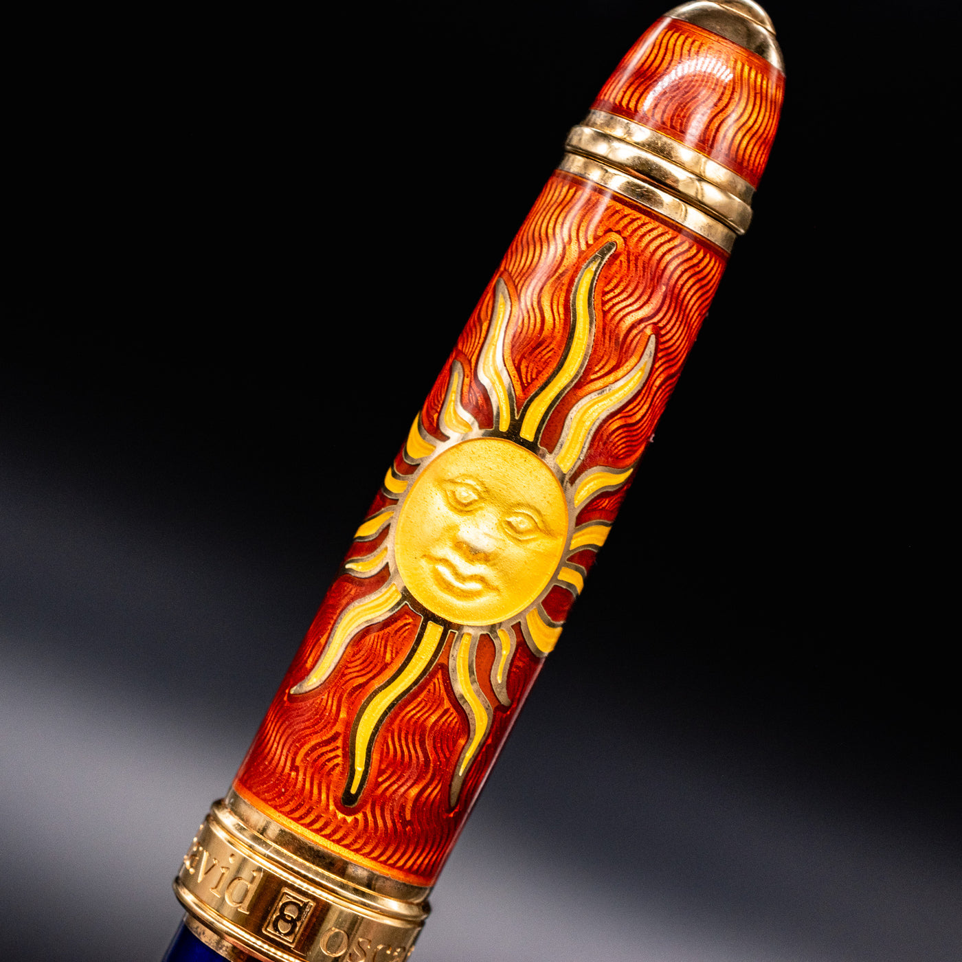 David Oscarson Celestial Fountain Pen - Blazing Saffron & Blue sun detail