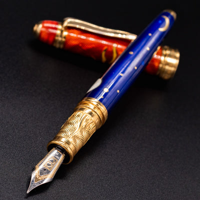 David Oscarson Celestial Fountain Pen - Blazing Saffron & Blue uncapped