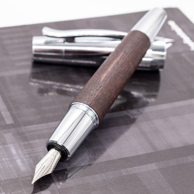 Faber-Castell E-Motion Brown Wood & Chrome Fountain Pen uncapped