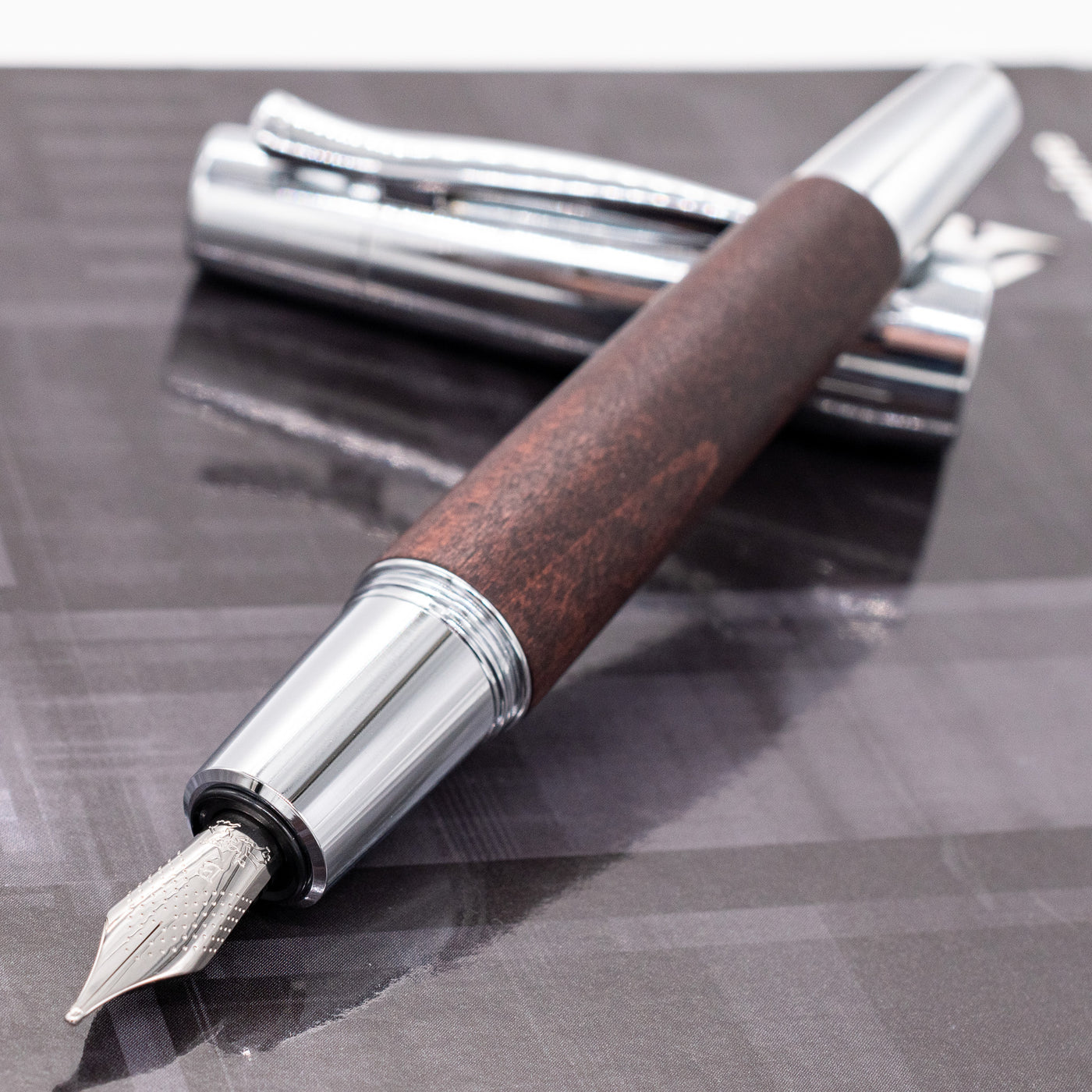 Faber-Castell E-Motion Dark Brown Wood & Chrome Fountain Pen uncapped