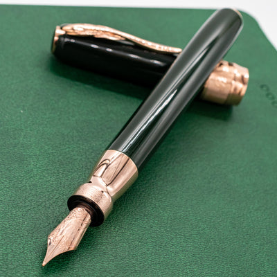 Pineider Classic Fountain Pen - Green & Rose Gold uncapped