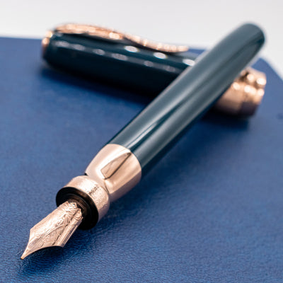 Pineider Classic Fountain Pen - Peacock Blue & Rose Gold uncapped