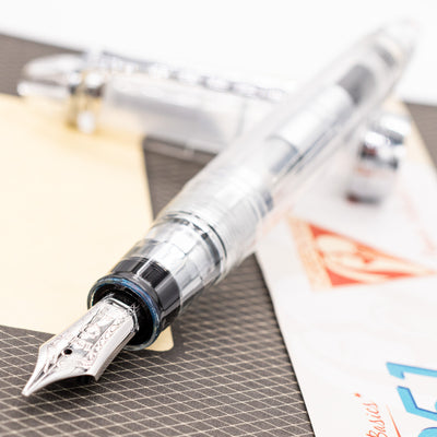 Sailor 1911L Clear Demonstrator Rhodium Fountain Pen uncapped