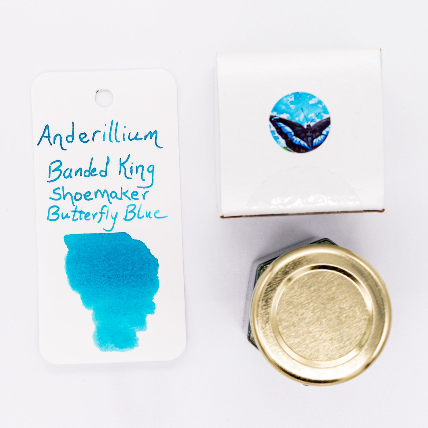 Anderillium Banded King Shoemaker Butterfly Blue Ink Bottle 1.5oz glass