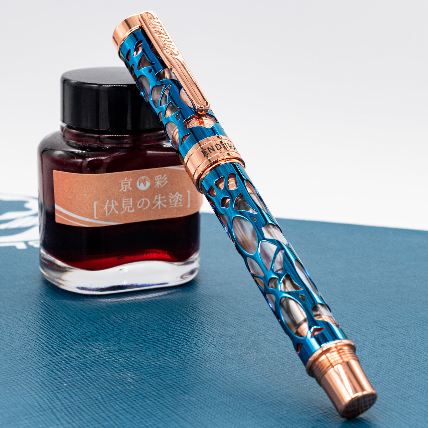 Conklin Endura Deco Crest Demo Blue & Rose Gold Fountain Pen capped