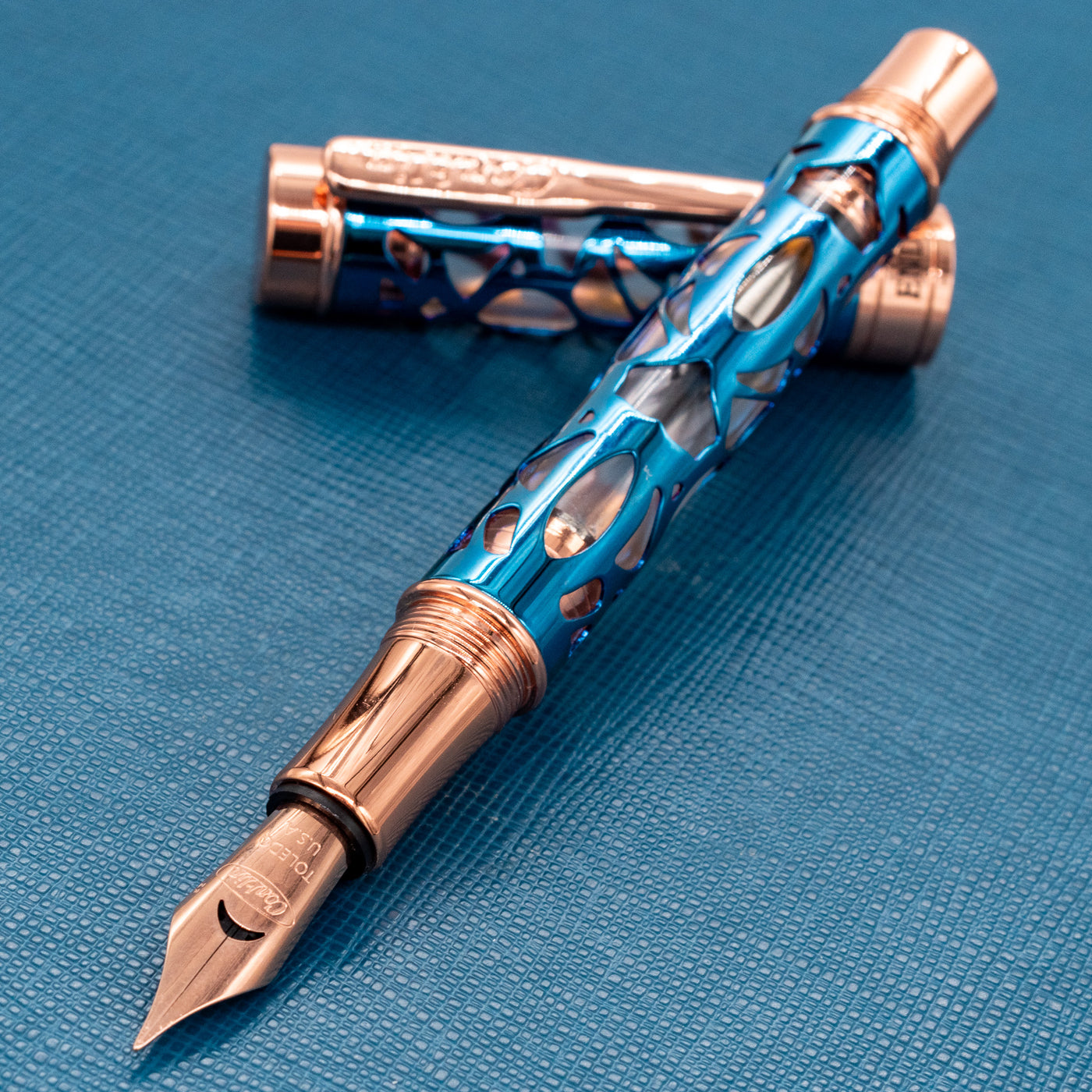 Conklin Endura Deco Crest Demo Blue & Rose Gold Fountain Pen metal overlay