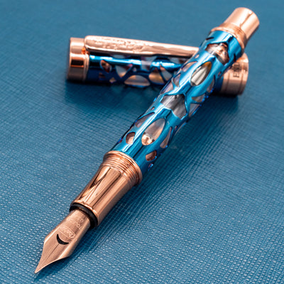 Conklin Endura Deco Crest Demo Blue & Rose Gold Fountain Pen metal overlay