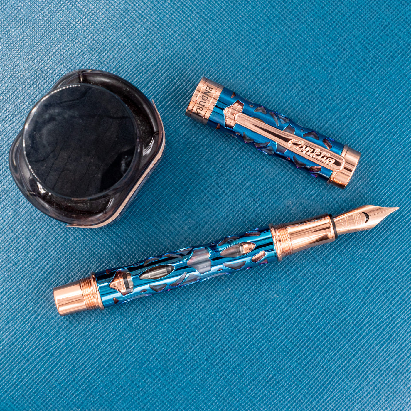 Conklin Endura Deco Crest Demo Blue & Rose Gold Fountain Pen uncapped